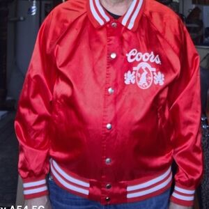 Red Satin Varsity Bomber Jacket with Striped Ribbed Cuffs